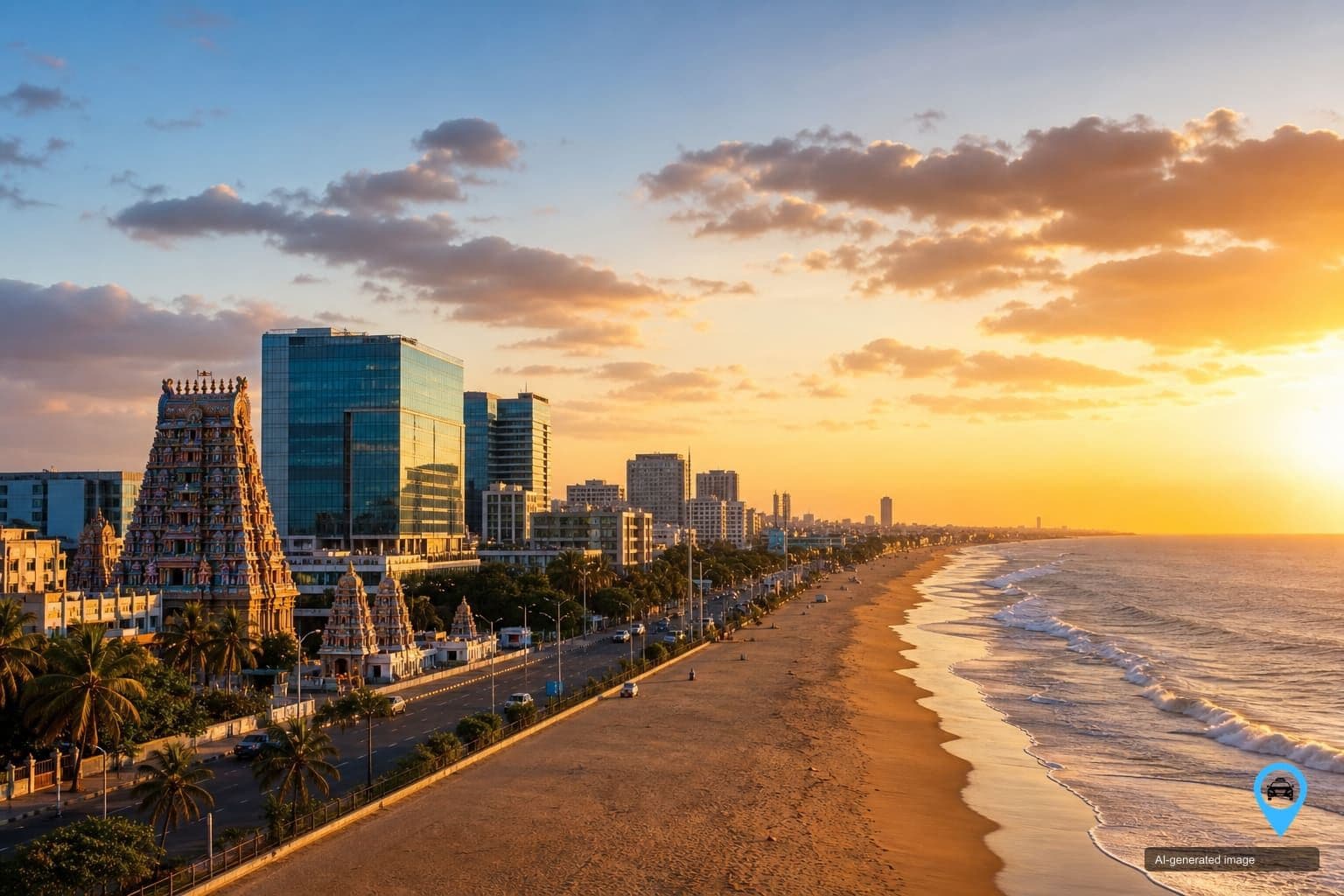 Chennai skyline and Marina Beach coastline at sunrise — Drop You Taxi one way drop taxi in Chennai