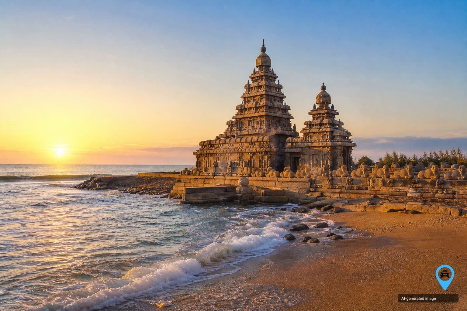 Shore Temple at Mahabalipuram beside the Bay of Bengal at sunrise