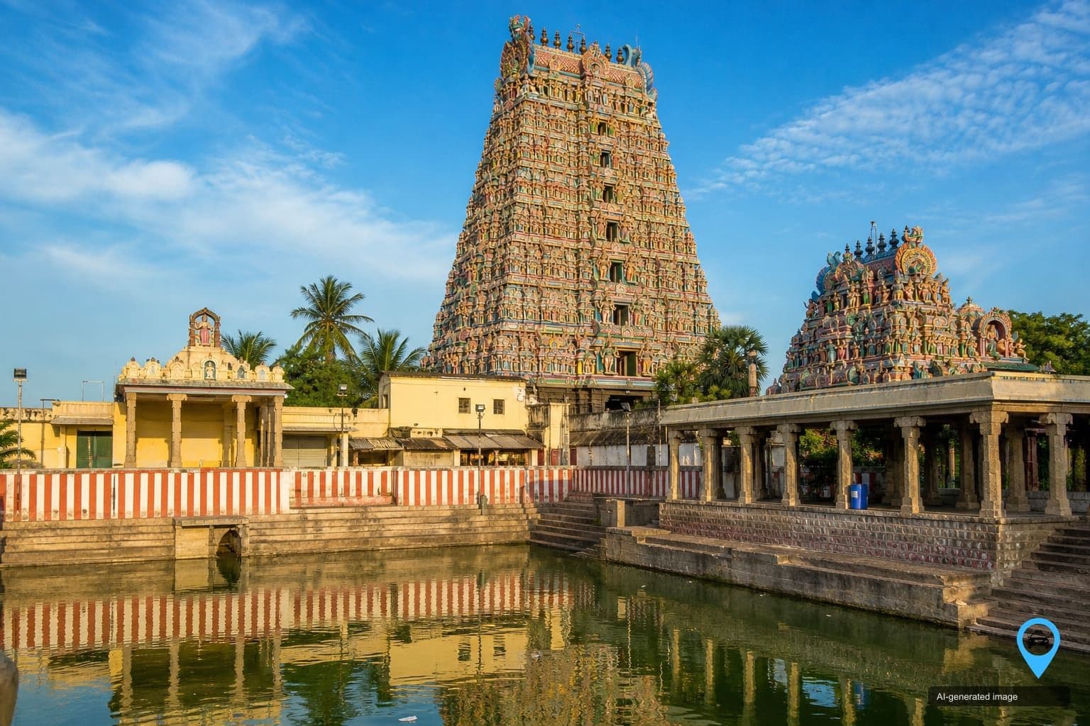 Dravidian temple gopuram and temple tank in Mylapore, Chennai