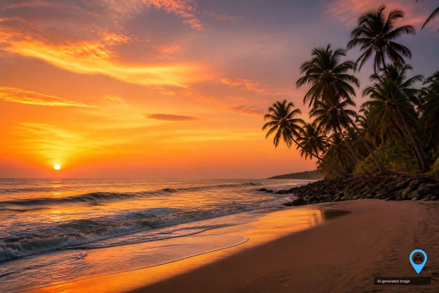 Calicut beach and Arabian Sea coastline at sunset