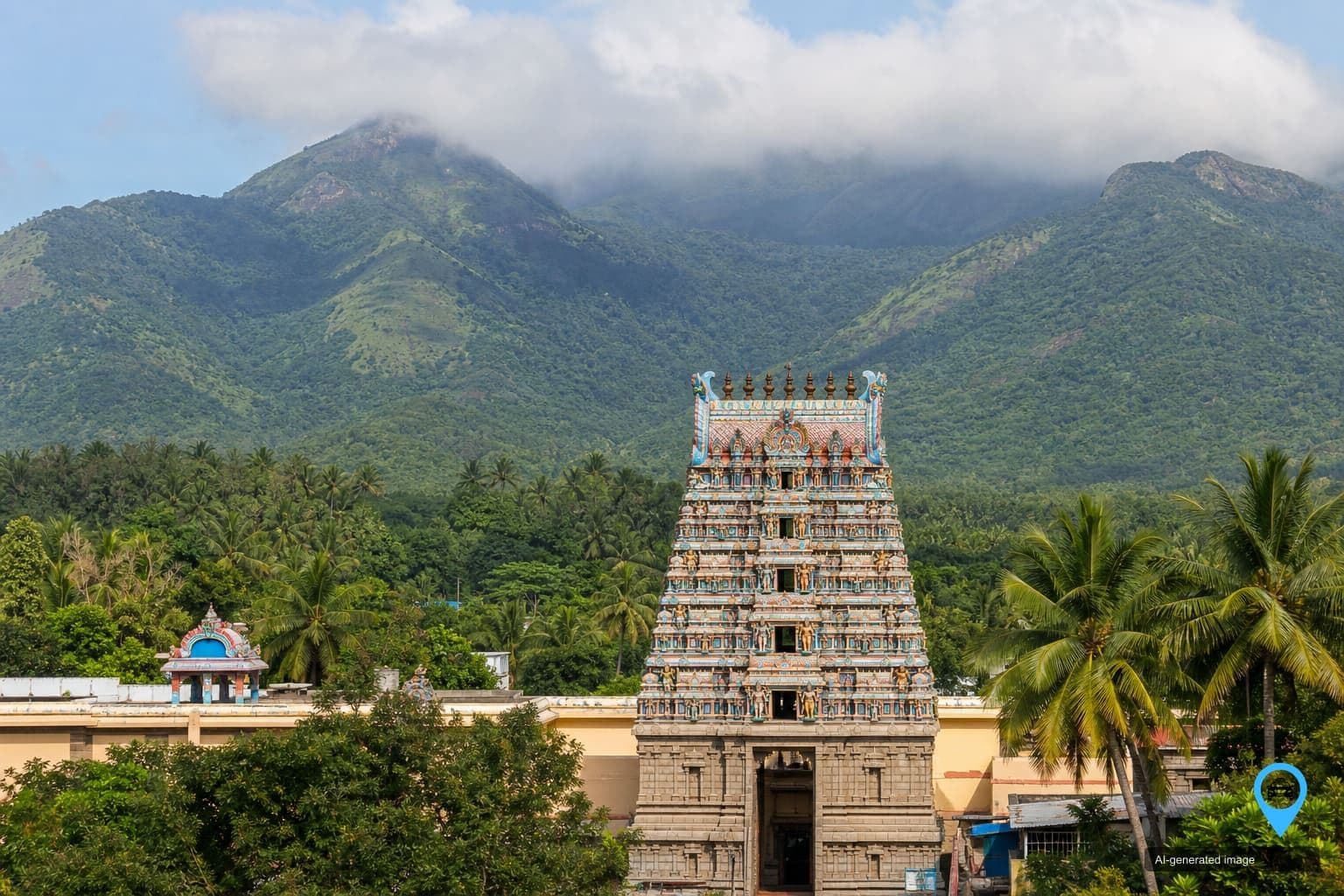Hill temple gopuram at Coimbatore with the Western Ghats rising behind