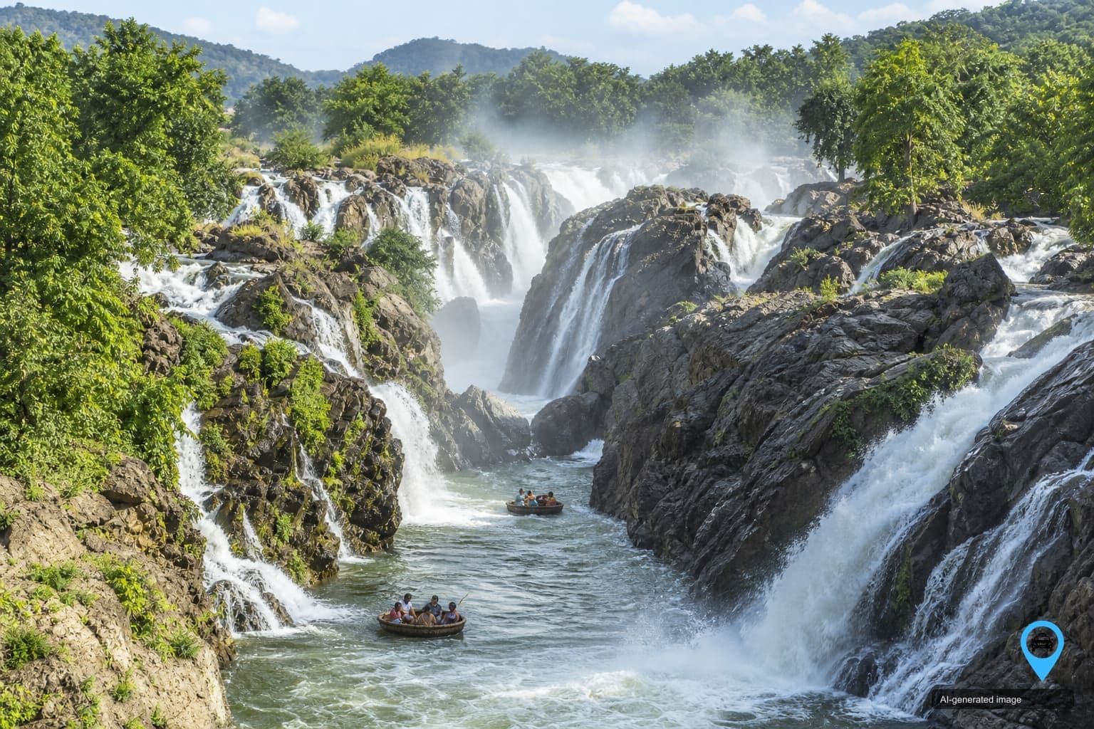 Hogenakkal Falls near Dharmapuri with coracle boats on the Kaveri river