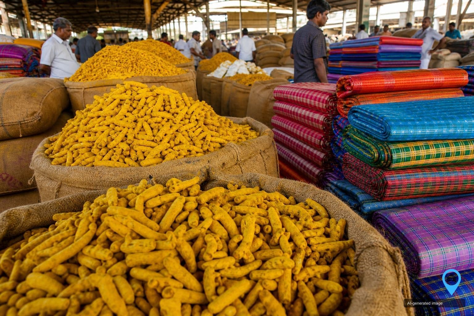 Turmeric sacks and handloom textiles in the Erode wholesale market — Chennai to Erode one way drop taxi
