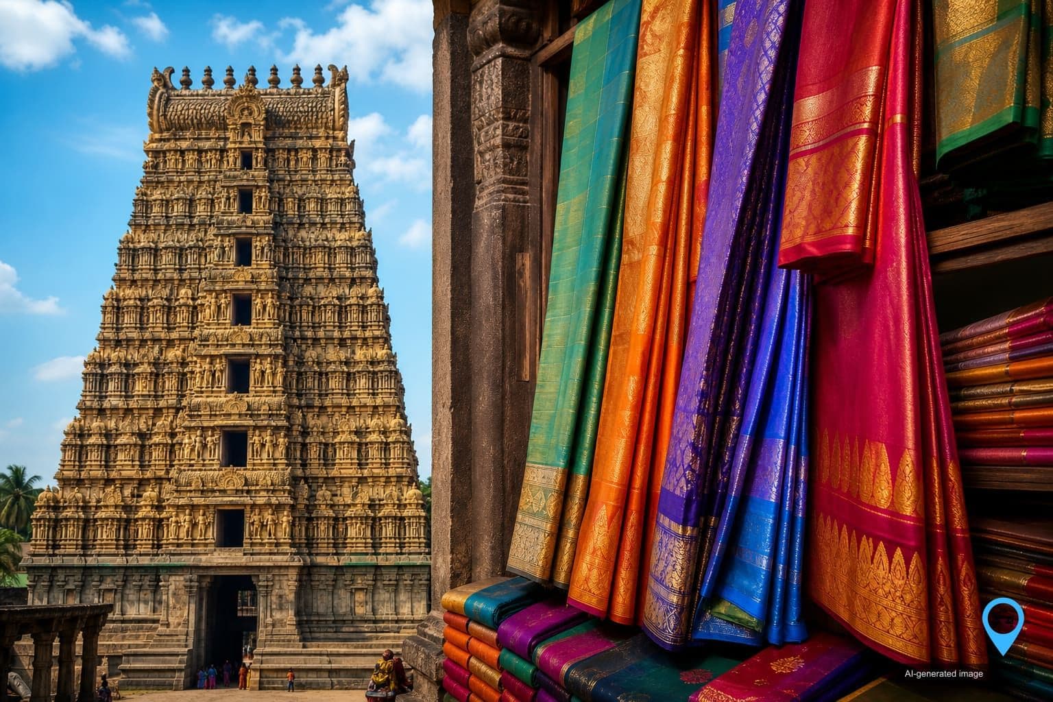 Kanchipuram temple gopuram beside brightly coloured silk sarees with zari borders