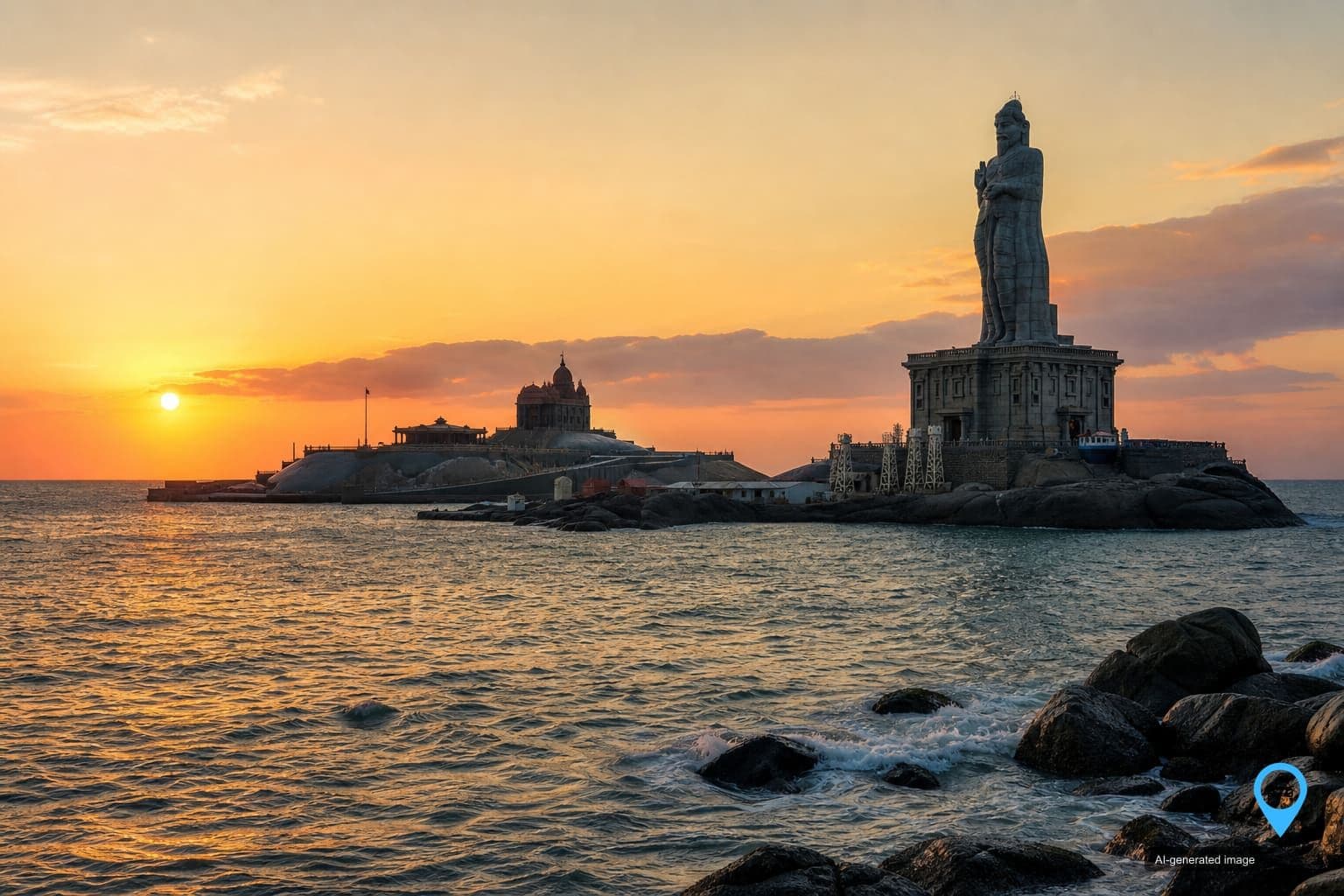 Vivekananda Rock Memorial and Thiruvalluvar statue at Kanyakumari during sunrise