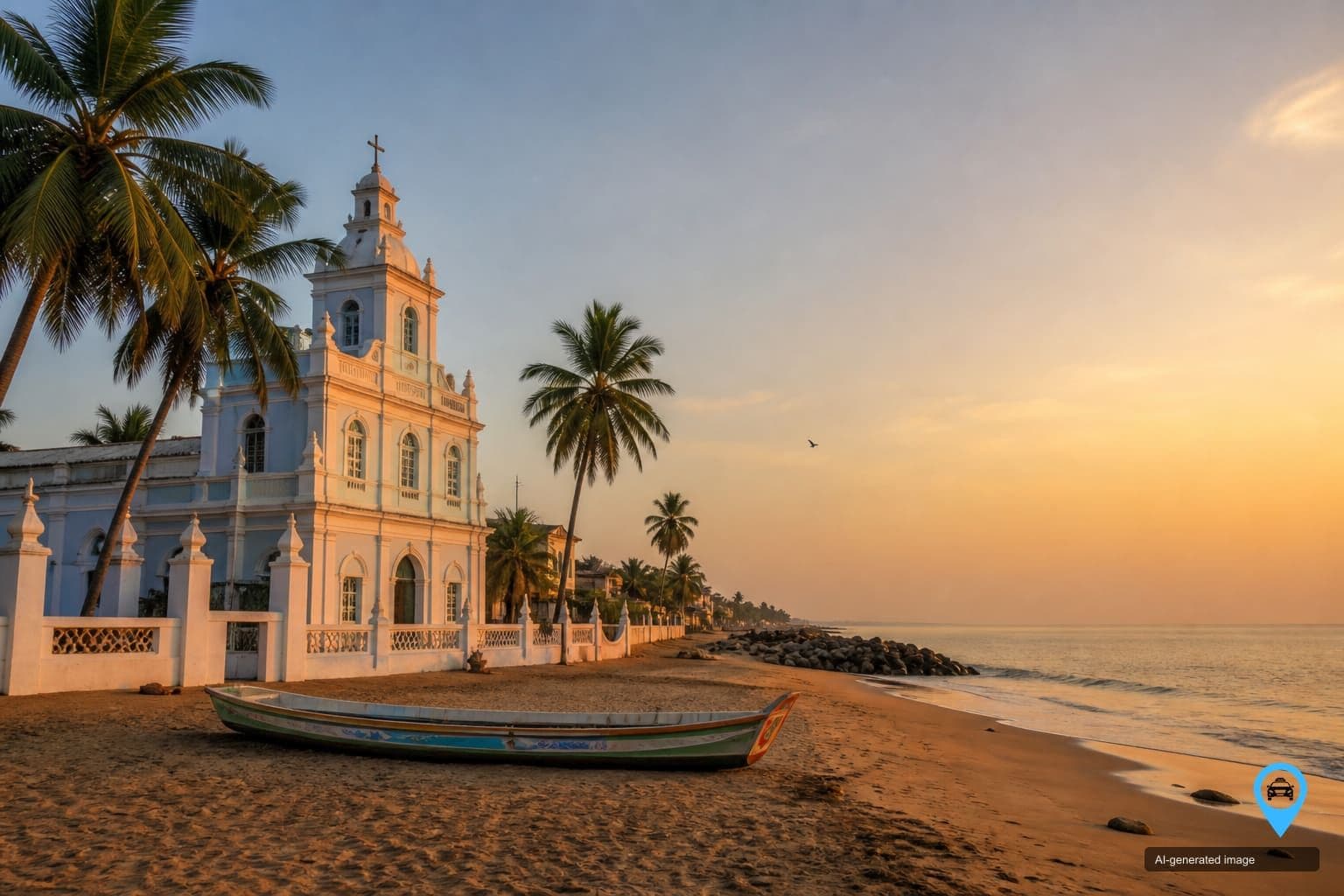 Karaikal beach and colonial church on the Puducherry UT coast