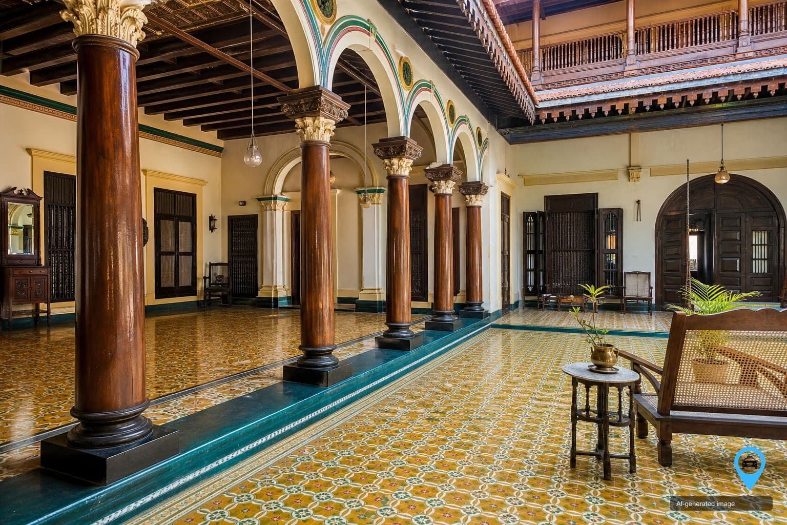 Chettinad mansion courtyard in Karaikudi with teak pillars and Athangudi tiles
