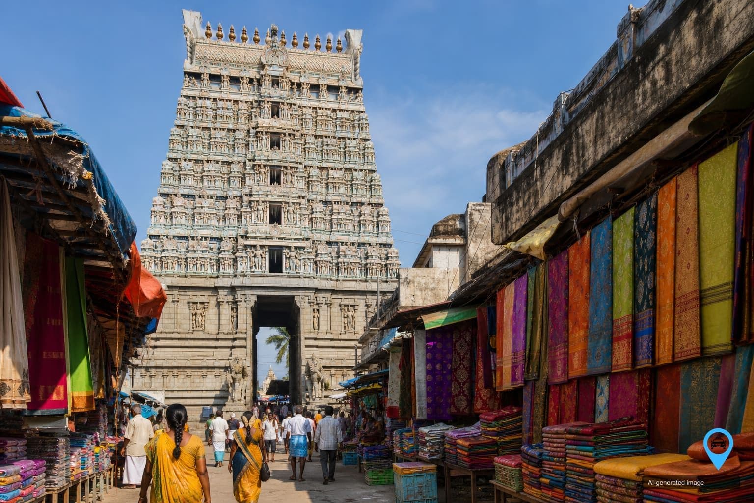 Pasupatheeswarar temple gopuram and textile market street in Karur