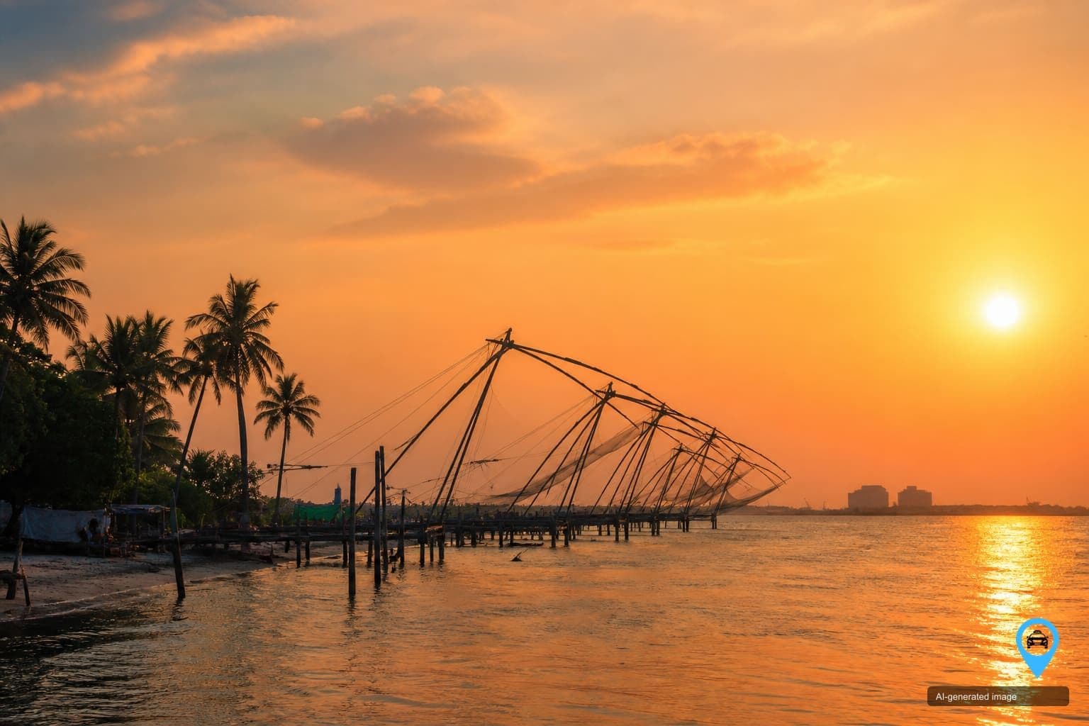 Chinese fishing nets silhouetted at Fort Kochi during sunset