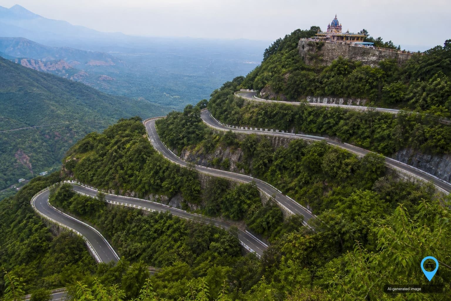 Kolli Hills hairpin bends climbing toward ridge temples