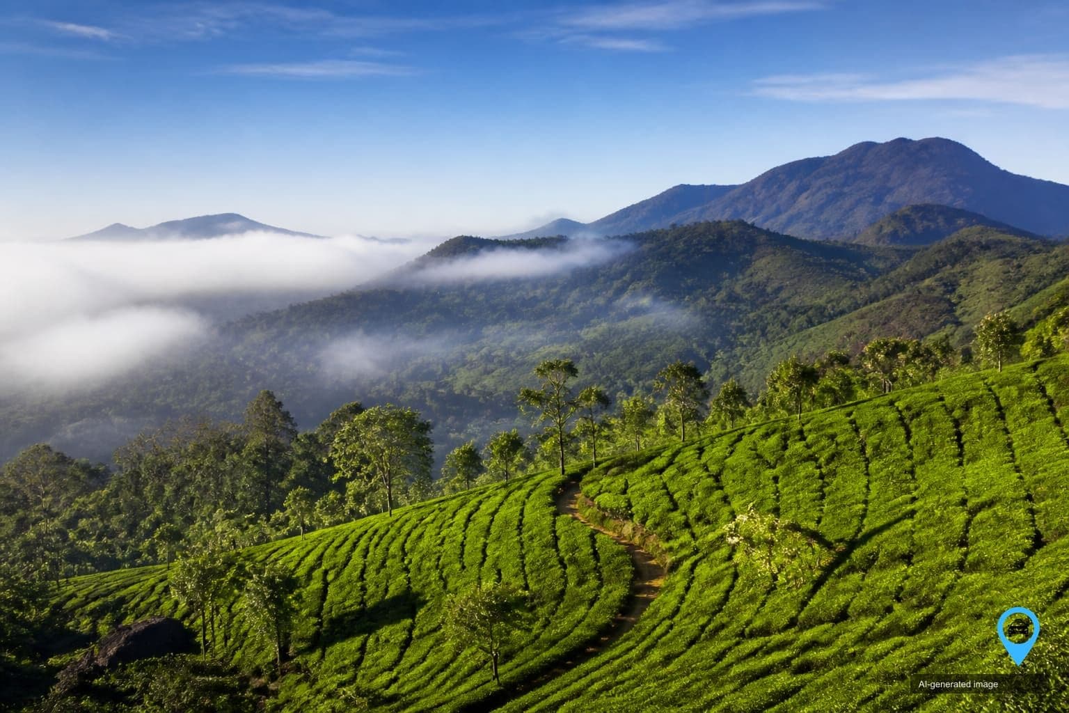 Rolling tea plantations and misty hills in Munnar, Kerala