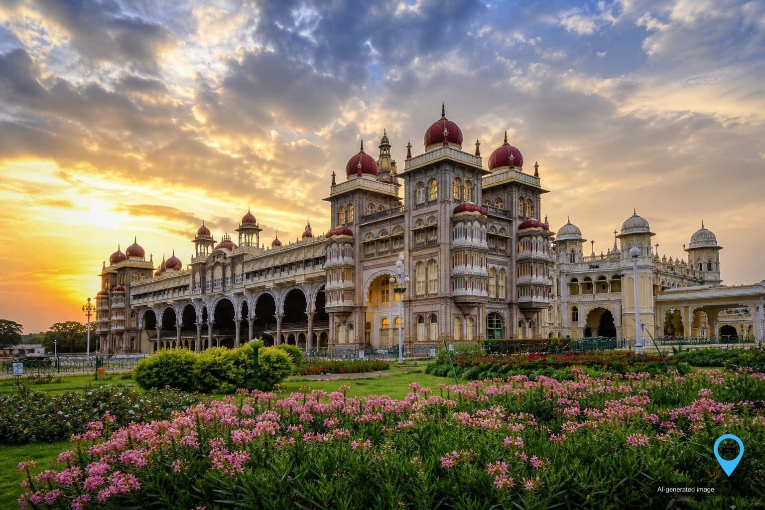Mysore Palace and its gardens under an evening sky