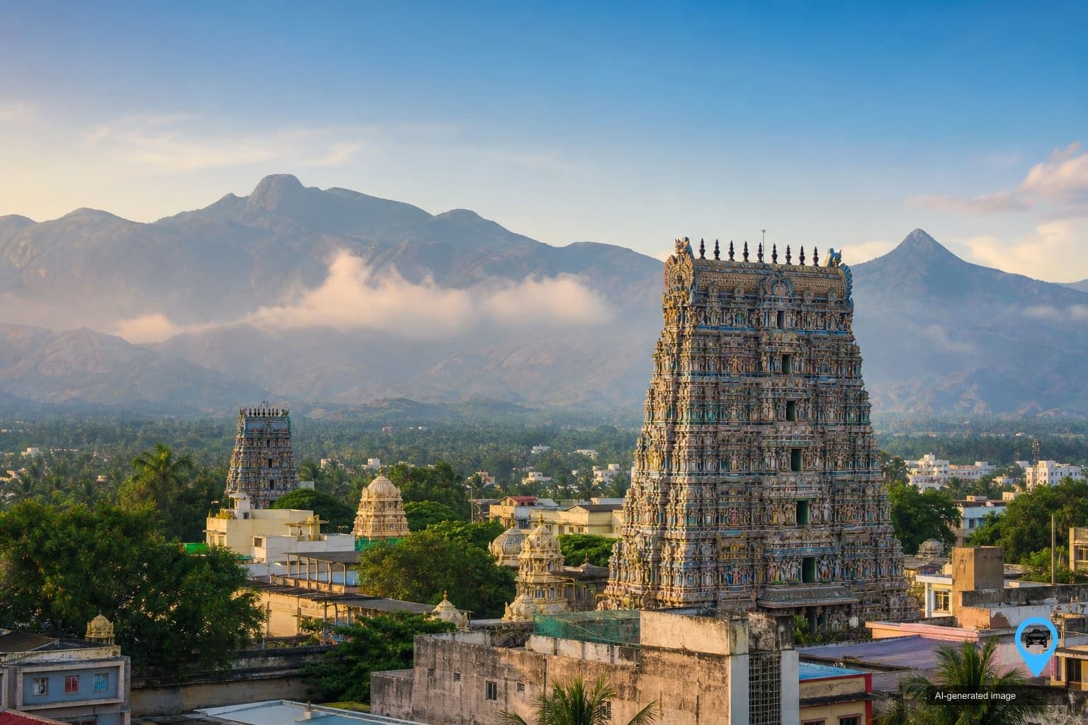 Nagercoil temple gopuram with Western Ghats foothills — Drop You Taxi Kanyakumari gateway