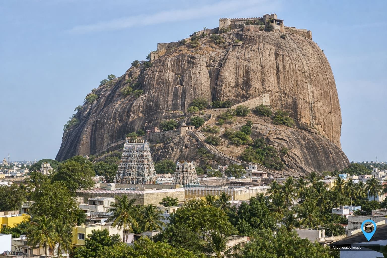 Namakkal rock fort towering above the town temple gopurams