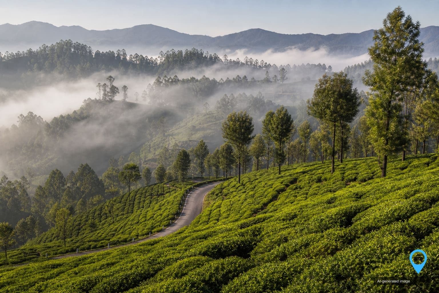Tea plantations and a winding hill road in the Nilgiris near Ooty
