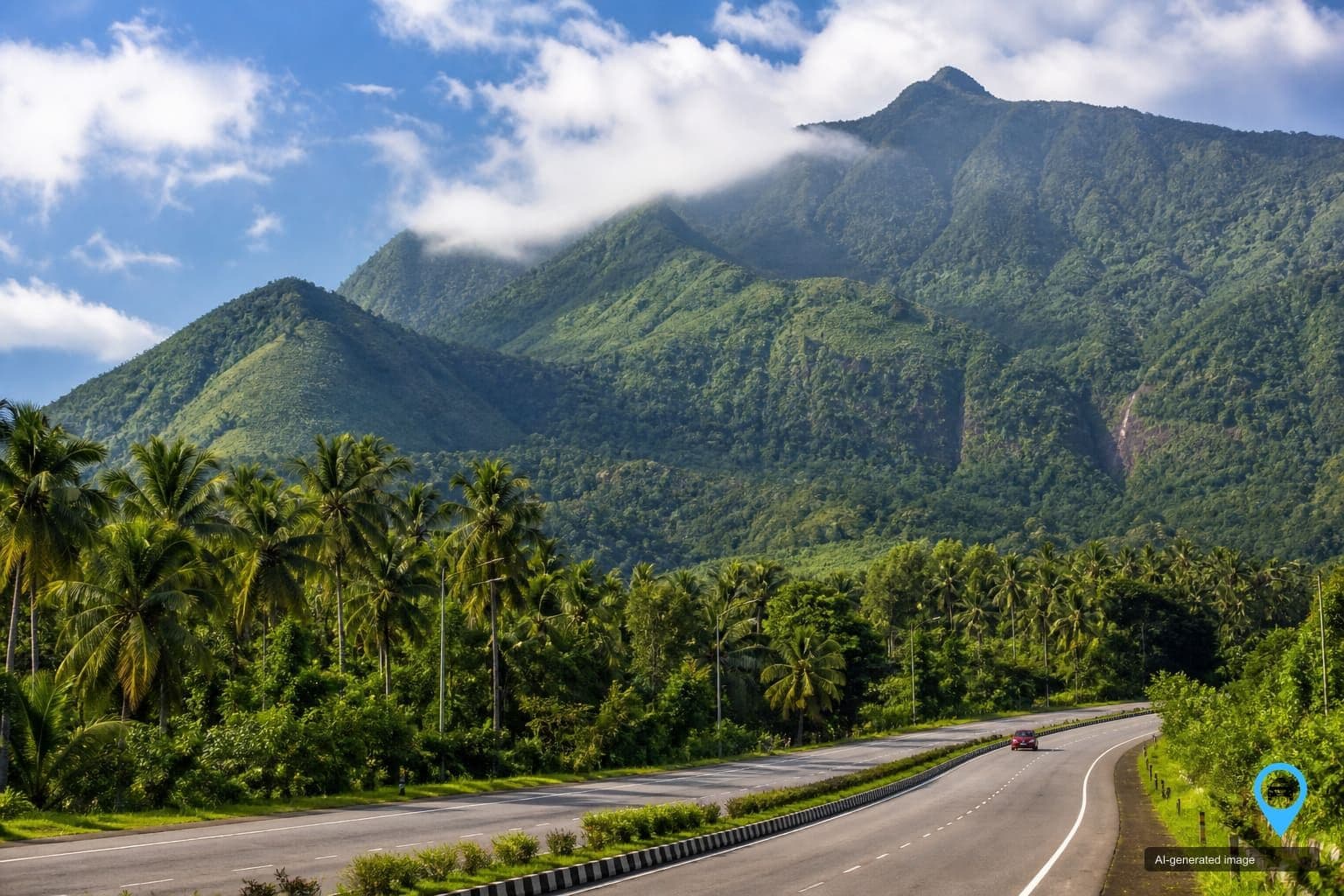 Palakkad Gap foothills with coconut palms and the Kerala highway