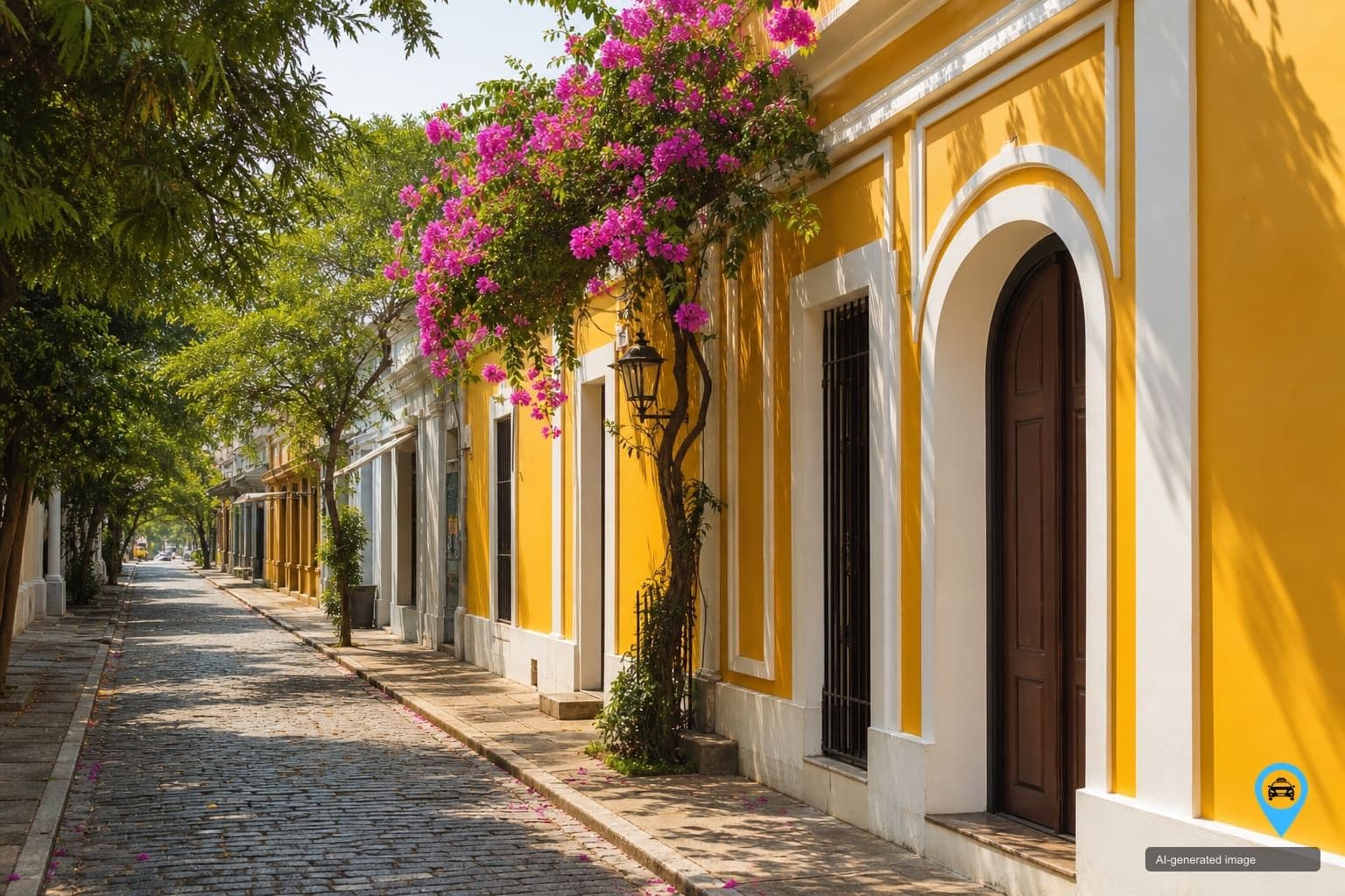 Yellow colonial houses and bougainvillea in the French Quarter of Pondicherry