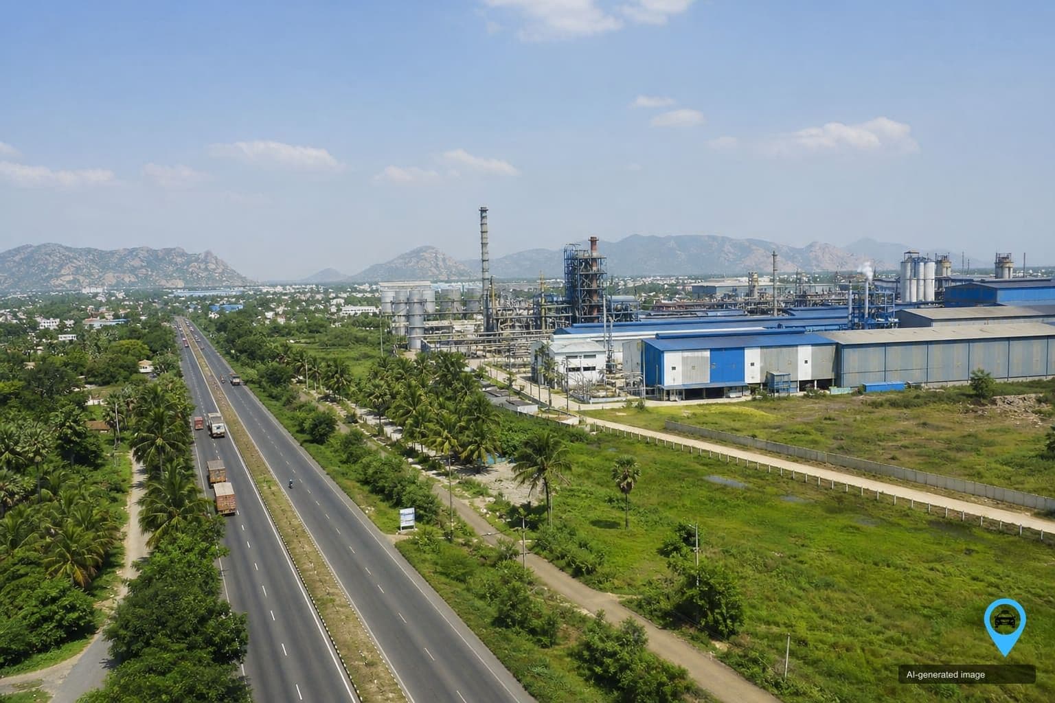 Industrial highway corridor and factories near Ranipet