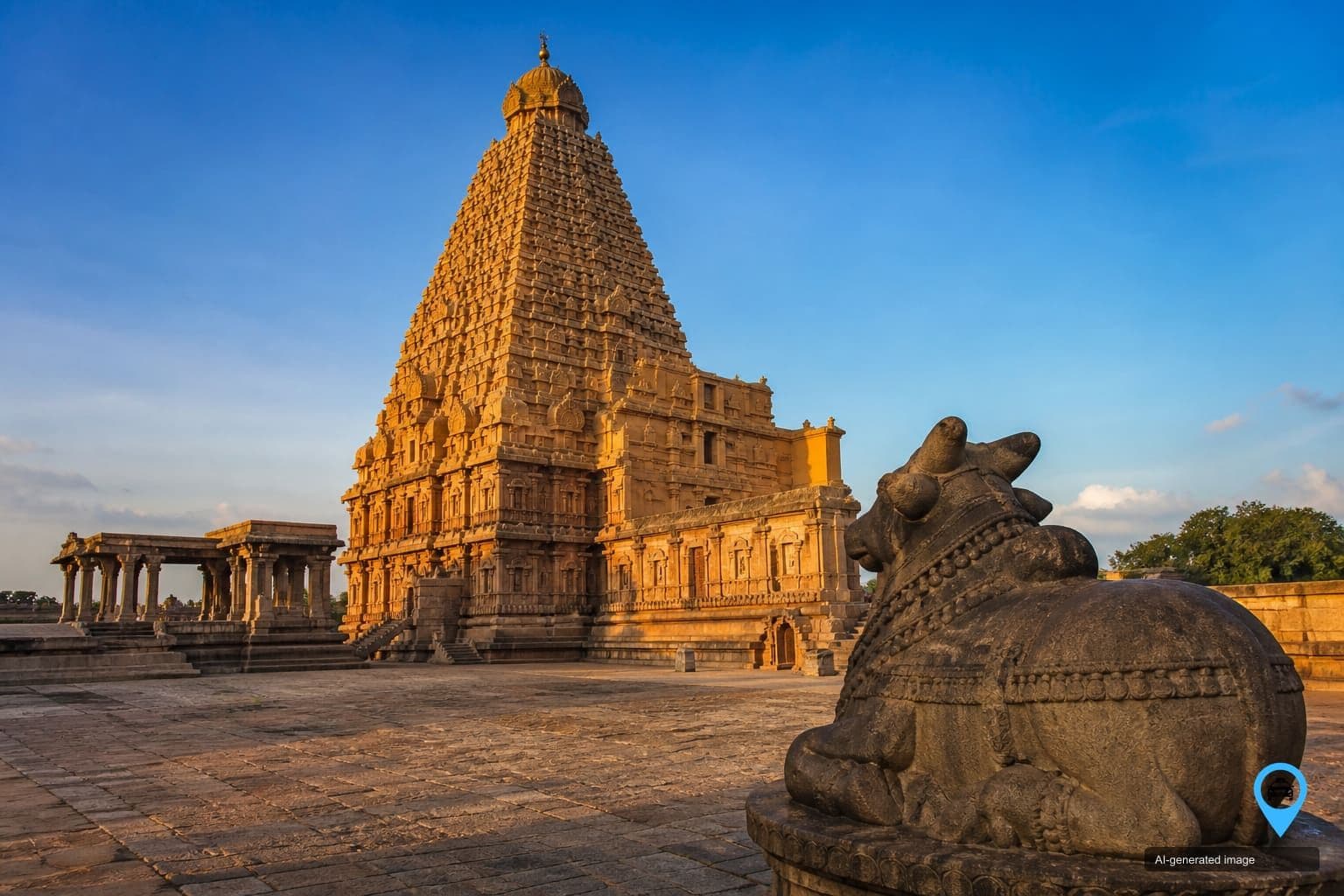 Brihadeeswarar Temple vimana and Nandi statue at Thanjavur in evening light