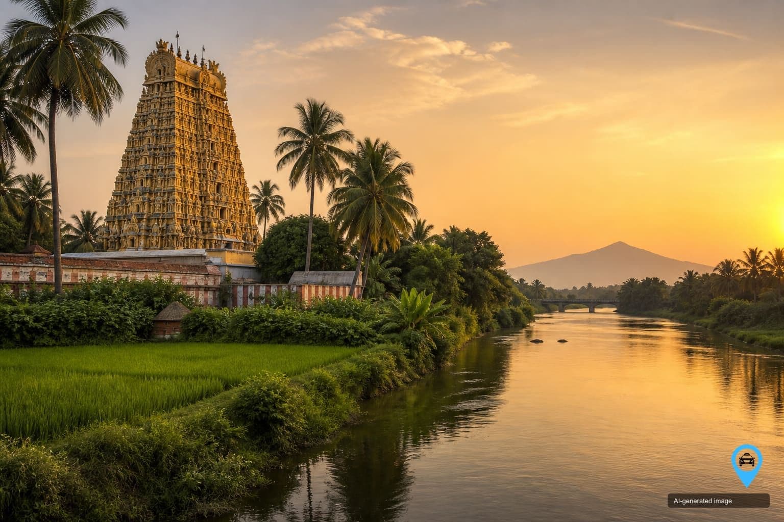 Nellaiappar temple tower beside the Thamirabarani river at Tirunelveli