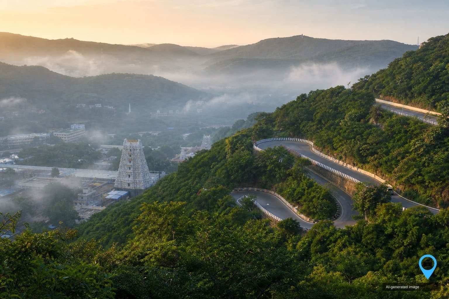 Ghat road climbing the misty Tirumala hills above Tirupati town