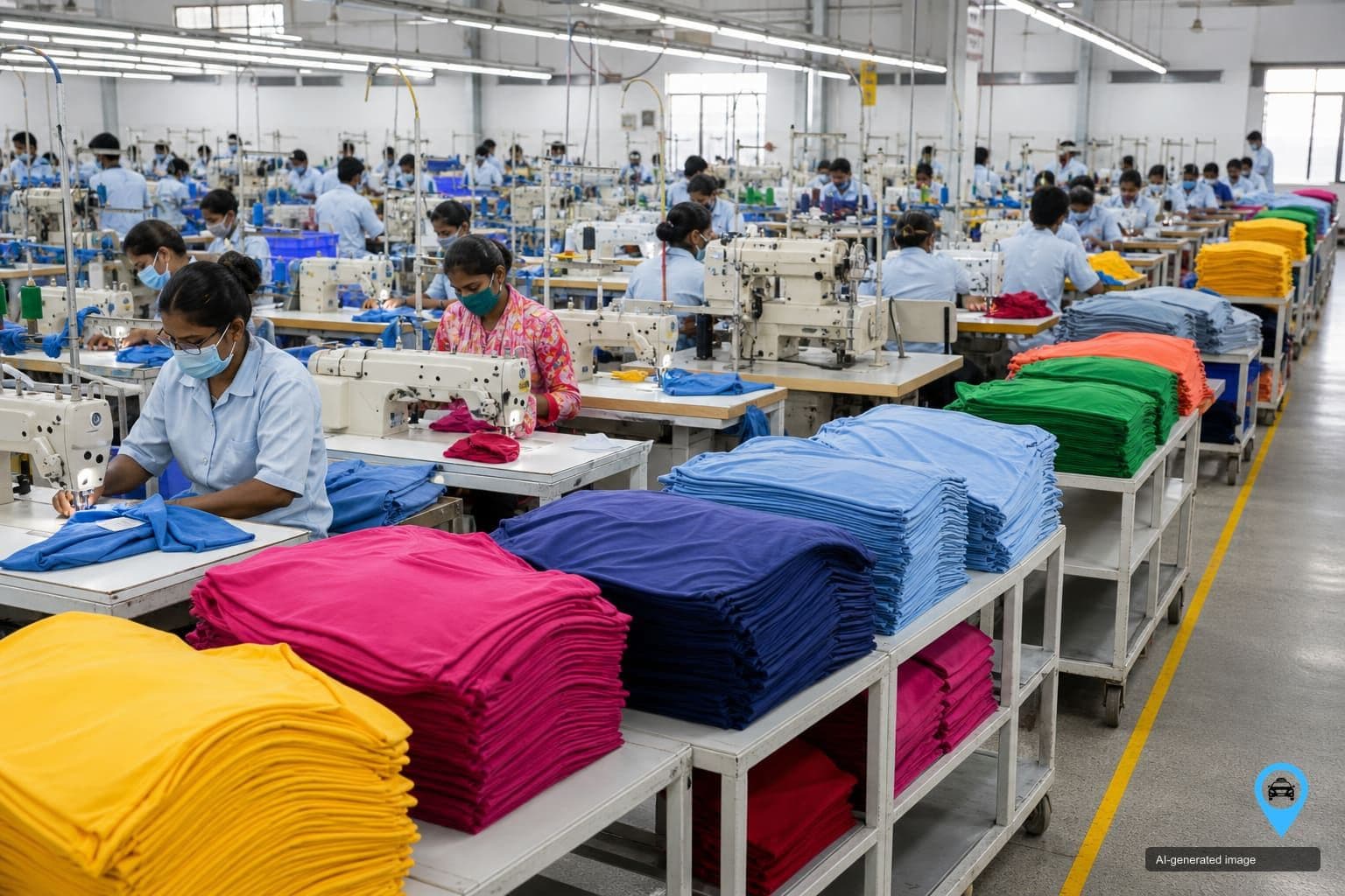 Knitwear garment factory floor with stacked cotton t-shirts in Tiruppur