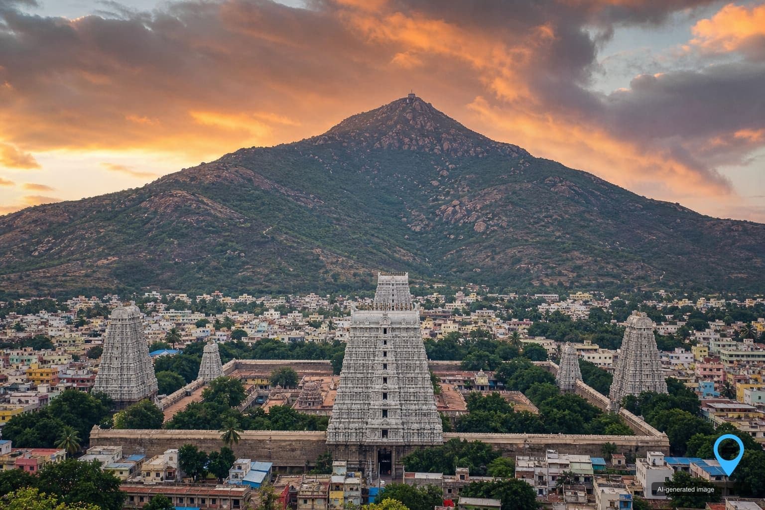 Annamalaiyar temple gopurams below Arunachala hill at Tiruvannamalai