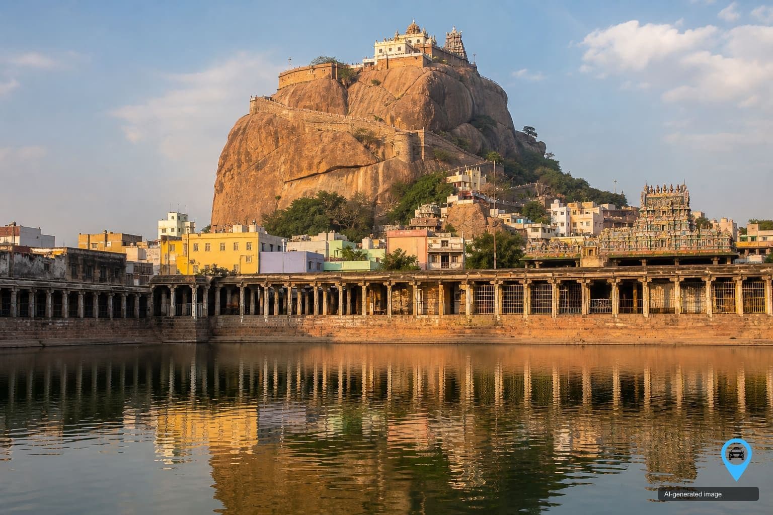 Rockfort temple rising above the temple tank in Tiruchirappalli