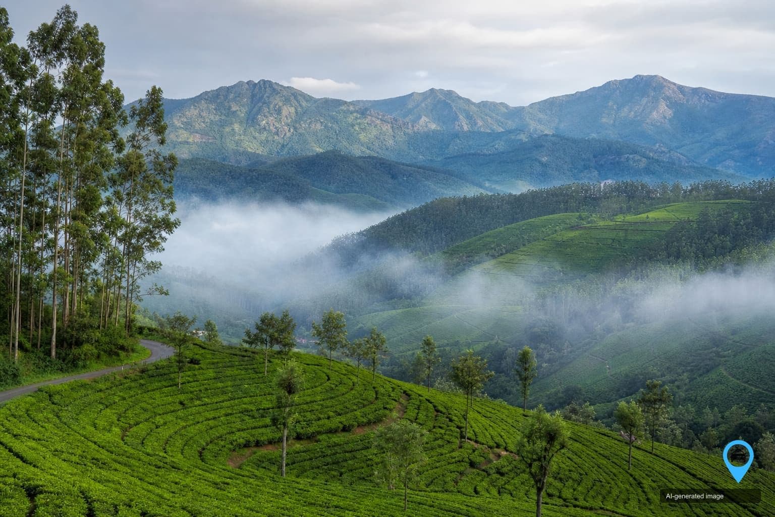 Valparai tea estates winding through the Anamalai hills