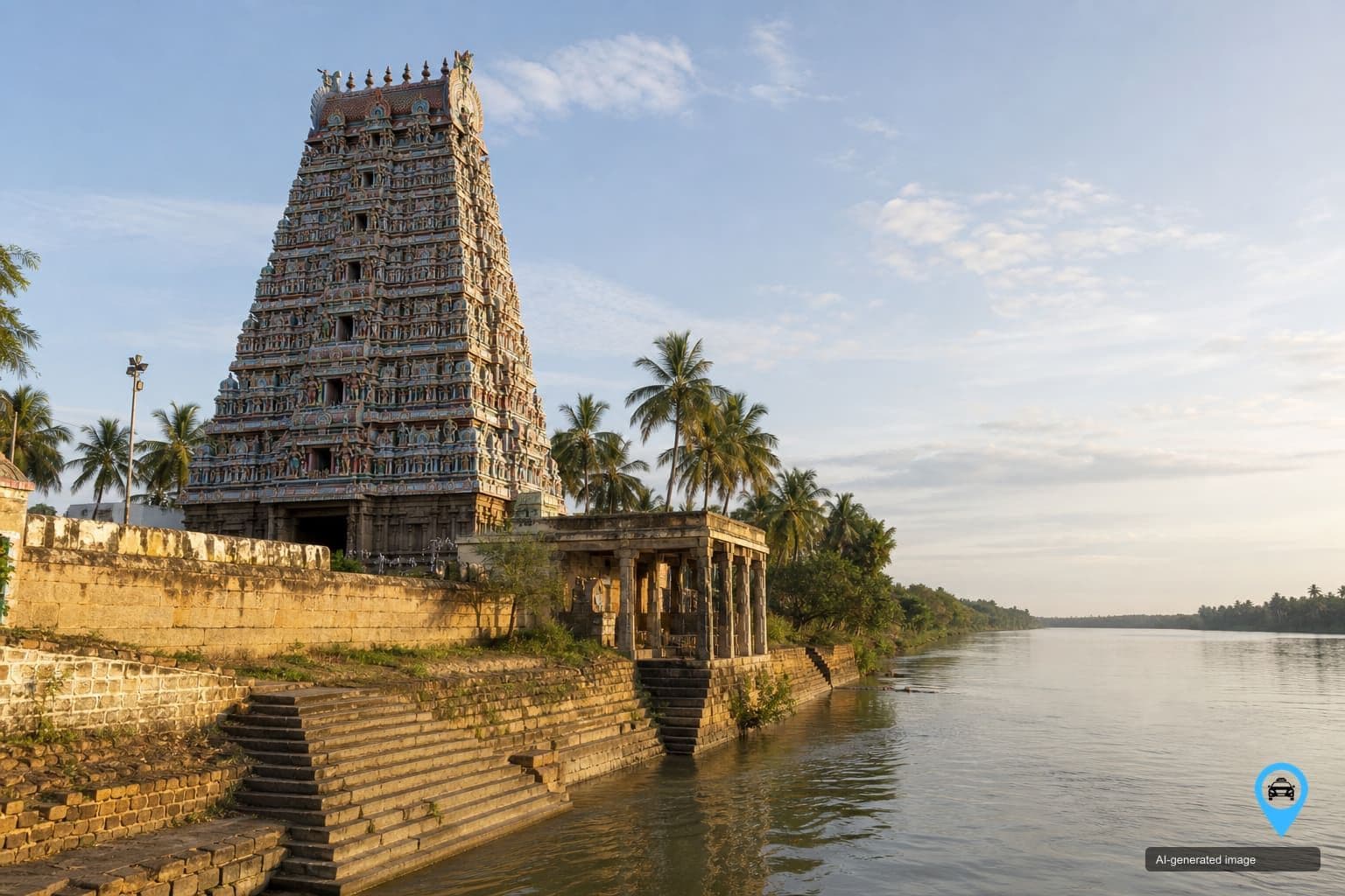 Mayuranathaswamy Temple gopuram rising over Mayiladuthurai on the Cauvery delta — Drop You Taxi