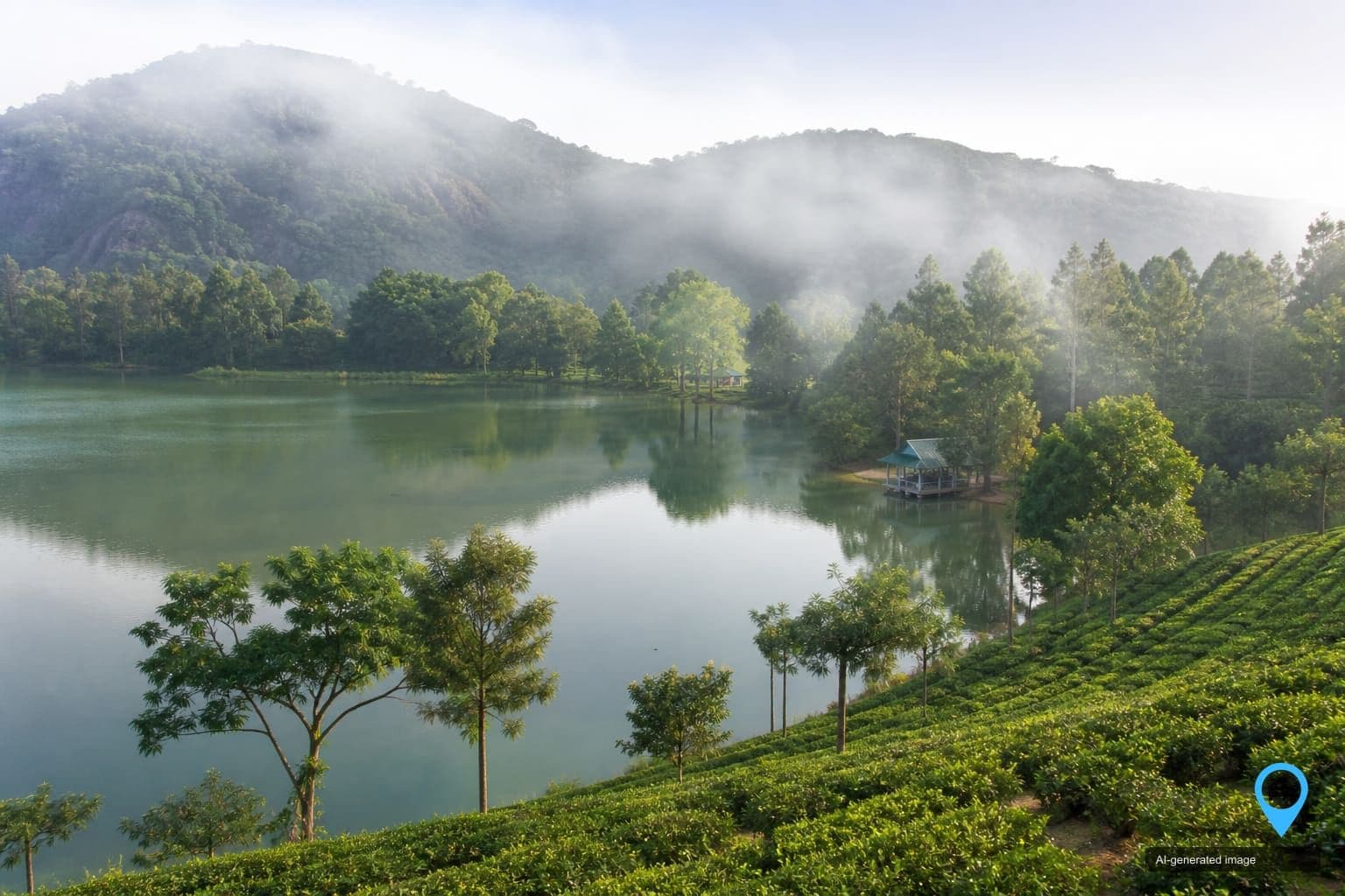 Misty hill station lake and coffee estates at Yercaud