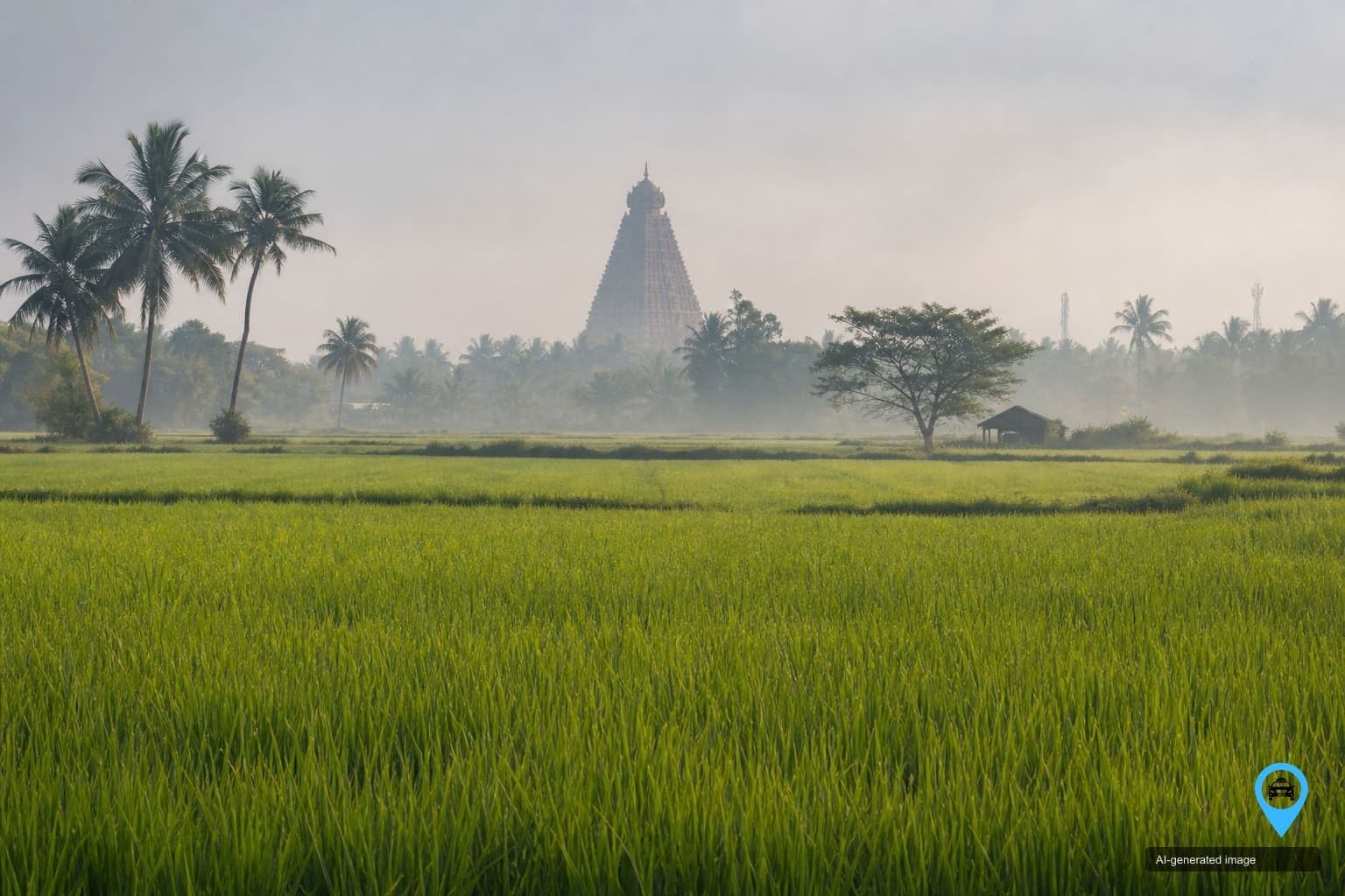 Lush Cauvery delta paddy fields surrounding Thanjavur town