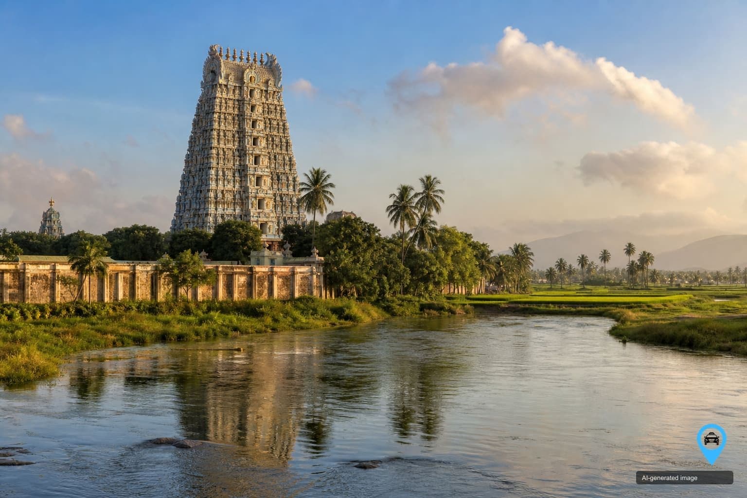 Nellaiappar Temple gopuram and Tamiraparani river at Tirunelveli — Drop You Taxi one way drop taxi in Tirunelveli